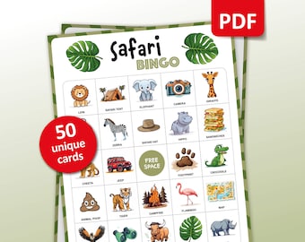 May include: A printable safari bingo card with 25 squares featuring images of animals, objects, and activities related to a safari, such as a lion, zebra, elephant, giraffe, jeep, and a campfire. The card has the words "Safari Bingo" at the top.