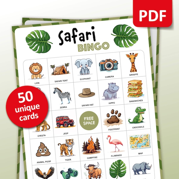 Safari Bingo, 50 Birthday Bingo Cards, Birthday Activities, Kids Safari Party Game, Jungle Classroom Activities, Printable Games