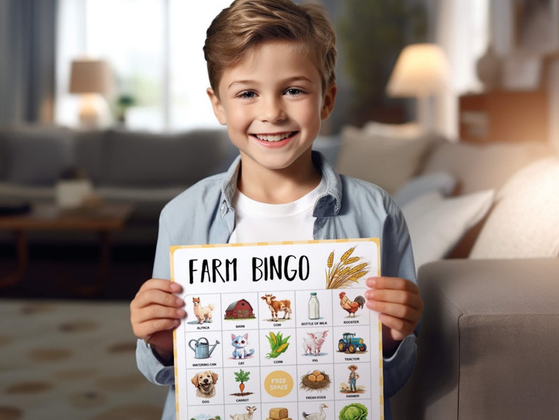 May include: A young person is holding up a farm-themed bingo card with images of farm animals, a tractor, a bottle of milk, and other farm-related items. The card has the title "Farm Bingo" printed at the top.