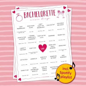 Pode incluir: Um jogo de bingo musical para despedida de solteira rosa e branco com títulos de músicas e nomes de artistas. O jogo inclui uma lista de reprodução do Spotify e um gráfico de anel e taças de champanhe.