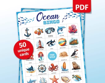 Oceaanbingo, 50 zeebingokaarten, verjaardagsactiviteiten, onderwaterfeestspel voor kinderen, oceaanklasactiviteiten, afdrukbare spellen