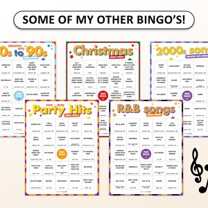 Puede incluir: Una colecci&oacute;n de tarjetas de bingo musical con temas como los a&ntilde;os 70 a 90, Navidad, canciones de los 2000, &eacute;xitos de fiesta y canciones de R&B. Cada tarjeta presenta una cuadr&iacute;cula de t&iacute;tulos de canciones. El texto "SOME OF MY OTHER BINGO'S!" est&aacute; en la parte superior.