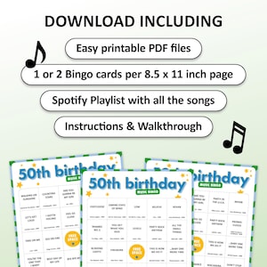 50th Birthday Music bingo party game with the best 70s, 80s, 90s, 00s, 10s, 20s hits. Perfect as a birthday party, friends game night, pub crawl, bar activity for your fiftieth birthday. Including Spotify Playlist with the songs on the bingo cards. Digital download.