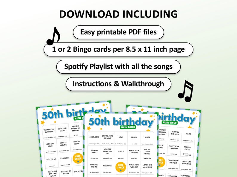 50th Birthday Music bingo party game with the best 70s, 80s, 90s, 00s, 10s, 20s hits. Perfect as a birthday party, friends game night, pub crawl, bar activity for your fiftieth birthday. Including Spotify Playlist with the songs on the bingo cards. Digital download.