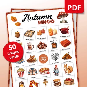 Bingo de otoño, 50 cartones de bingo de otoño, actividades de cumpleaños, juego de fiesta de otoño para niños, actividades de temporada en el aula, juegos imprimibles de aprendizaje
