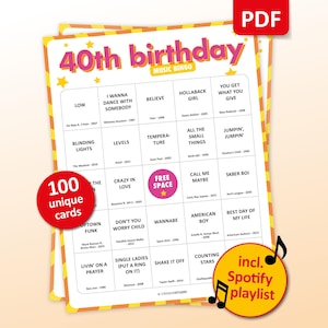 40th Birthday Music bingo party game with the best 70s, 80s, 90s, 00s, 10s, 20s hits. Perfect as a birthday party, friends game night, pub crawl, bar activity for your fortieth birthday. Including Spotify Playlist with the songs on the bingo cards. Digital download.