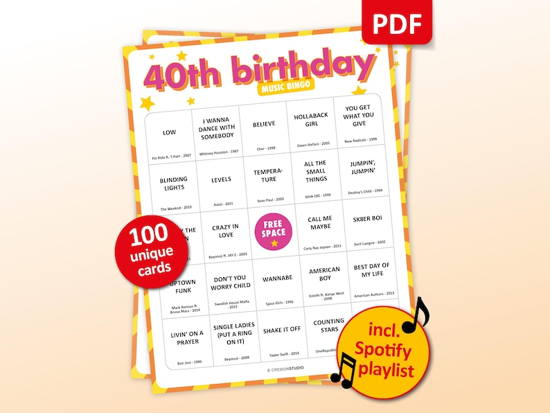 40th Birthday Music bingo party game with the best 70s, 80s, 90s, 00s, 10s, 20s hits. Perfect as a birthday party, friends game night, pub crawl, bar activity for your fortieth birthday. Including Spotify Playlist with the songs on the bingo cards. Digital download.