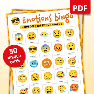 Bingo de emoções, 50 cartões de bingo, jogo de festa de aprendizagem de sentimentos para crianças, atividade de sala de aula de emoções, professor de jardim de infância para imprimir na escola