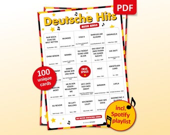 Deutsche Hits Music Bingo, 100 Bingo Cards + Spotify Playlist, Tag der Deutschen Einheit Party Game, Birthday, Oktoberfest, Bar Activity