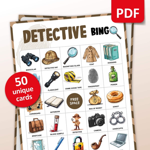 Detective Bingo, 50 Bingo Cards, Printable Party Game, Investigation Classroom Activity, Birthday Activities, Mystery Game for Kids & Adults