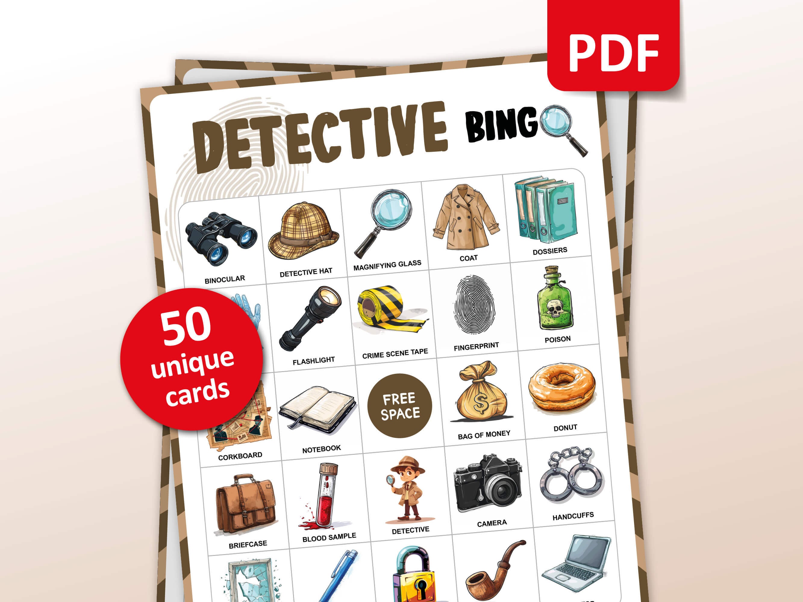 Detective Bingo, 50 Bingo Cards, Printable Party Game, Investigation Classroom Activity, Birthday Activities, Mystery Game for Kids & Adults