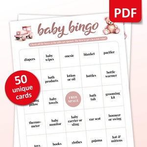Girl Baby Shower Bingo, 50 Baby Bingo Cards, Pregnancy Party Game, Pink Printable Activity, Fun Unique Prefilled Baby Shower Gift