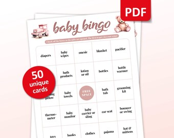 Mädchen Babyparty Bingo, 50 Baby Bingo Karten, Schwangerschaft Party Spiel, Rosa druckbare Aktivität, Spaß Einzigartiges vorausgefülltes Babyparty Geschenk