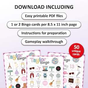 Taylor Bingo is a fun party game based on Taylor Swift as an artist and person. Great for a ladies night, teen girls birthday party or a concert watching evening with friends. This digital download contains 50 bingo cards which are all unique. Printable activity.