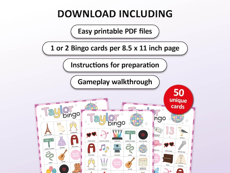 Taylor Bingo is a fun party game based on Taylor Swift as an artist and person. Great for a ladies night, teen girls birthday party or a concert watching evening with friends. This digital download contains 50 bingo cards which are all unique. Printable activity.