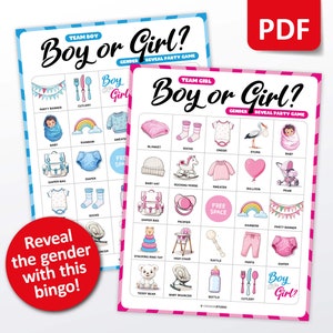 Juegos de revelación de género, 100 cartas de bingo, fiesta de revelación de género, juego de baby shower, ideas de revelación de género, actividad de niño o niña, imprimible precargado