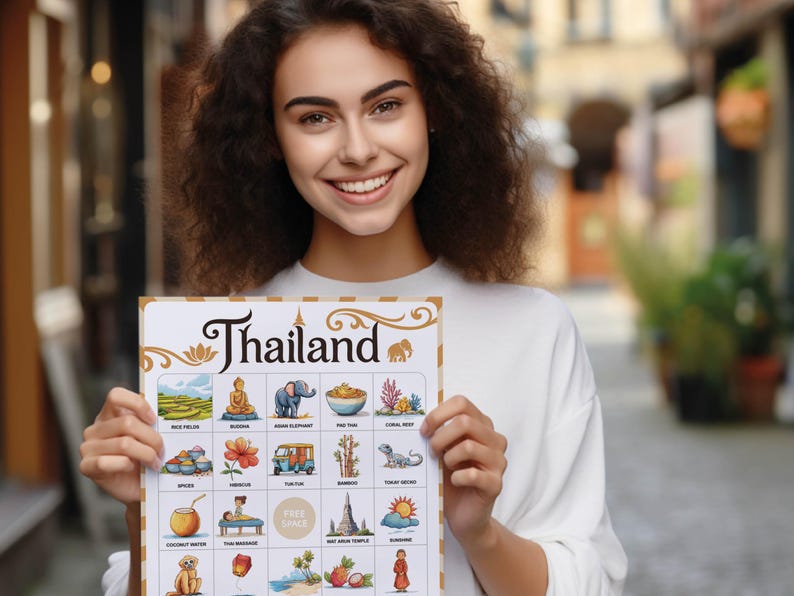 Thailand bingo game with 50 bingo cards, perfect for adults and kids who are going to travel to this country. Great backpacker gift for your friend. Party game for the farewell party.