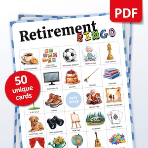 Retirement Party Game, 50 Retirement Bingo Karten, Ruhestandsideen, Retirement Party Aktivität, Geschenk für Erwachsene, druckbare vorausgefüllte Karten