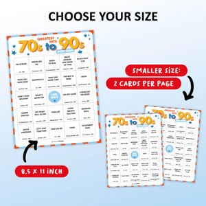 Music bingo party game with the best 70s, 80s and 90s songs. Perfect as a birthday party, friends game night, pub crawl, bar activity or office party. Including Spotify Playlist with the songs mentioned in the bingo cards. Printable digital download.