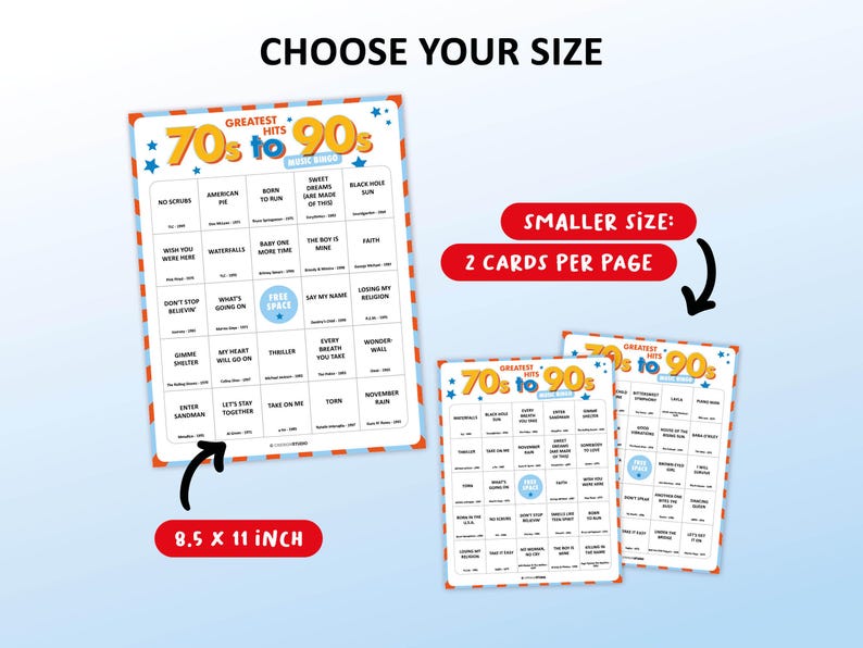 Music bingo party game with the best 70s, 80s and 90s songs. Perfect as a birthday party, friends game night, pub crawl, bar activity or office party. Including Spotify Playlist with the songs mentioned in the bingo cards. Printable digital download.