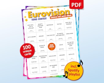 Eurovision Song Contest Music Bingo, 100 Bingo Cards + Spotify Playlist, Eurovision 2026 Party Game, Friends Bar Activity, Greatest Songs