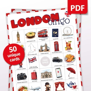 Gioco del Bingo da viaggio a Londra, 50 carte del Bingo a Londra, Attività per le vacanze, Gioco per feste a tema Inghilterra per adulti, adolescenti e bambini, Regalo stampabile