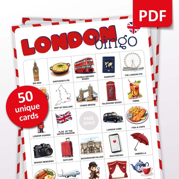 London Travel Bingo Game, 50 London Bingo Cards, Vacation Activities, England Theme Party Game for Adults, Teenagers & Kids, Printable Gift