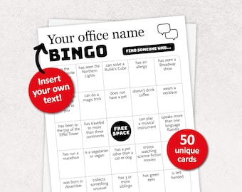 Personalized Office Bingo, 50 Human Bingo Cards, Icebreaker Party Game, Custom Get to know you Printable Activity, Team Building or Reunion