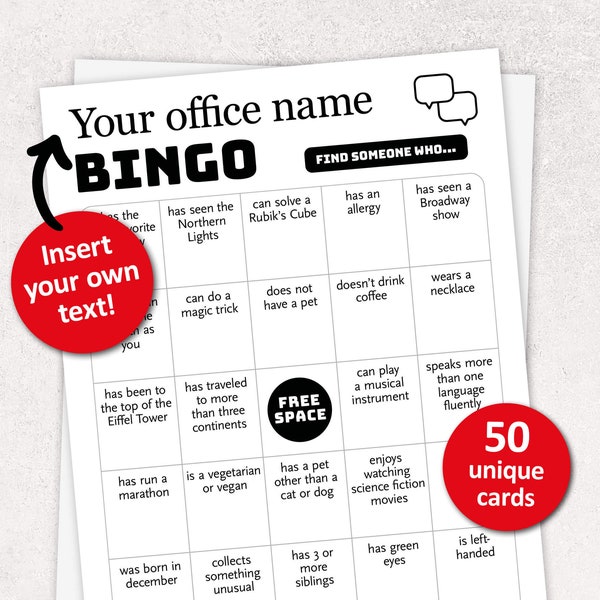 Personalized Office Bingo, 50 Human Bingo Cards, Icebreaker Party Game, Custom Get to know you Printable Activity, Team Building or Reunion