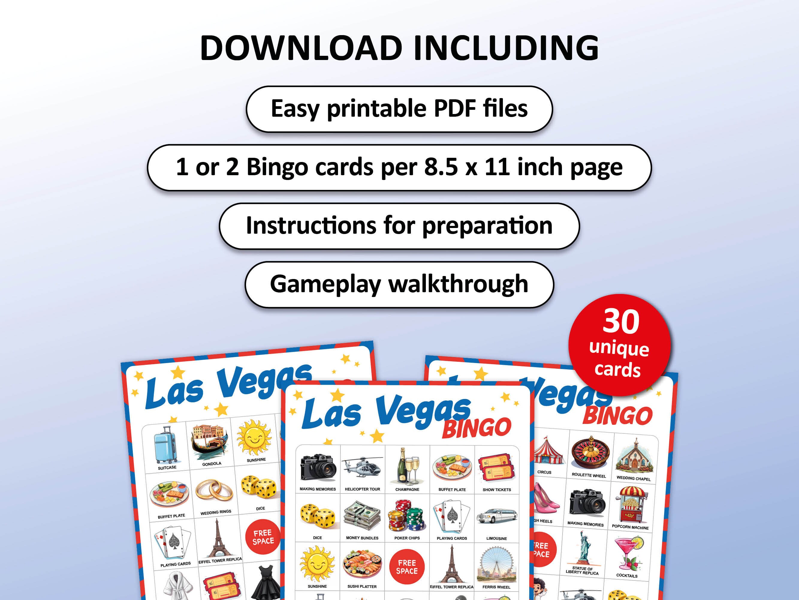 Las Vegas Bingo Game, 30 Bingo Cards, Bachelorette Party Game, Travel ...