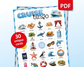 Bingo de crucero, 30 cartones de bingo de vacaciones en crucero, Actividades de viaje, Juego de fiesta de crucero para niños y adultos, Actividades de cumpleaños, Juegos imprimibles