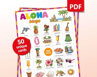 Aloha Bingo Game: 50 Hawaiian Luau Party Cards (Printable)
