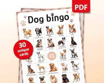 Dog Bingo, 30 Dog Bingo Cards, Birthday Activities, Kids Animal Party Game, Dog breeds party game, Pets Classroom Activities, Printable Gift