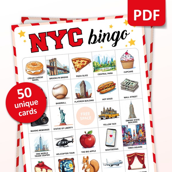New York Bingo Game, 50 NYC Bingo Cards, New York City Travel Activities, USA Vacation Game for Adults and Kids, Pre-filled Printable Gift