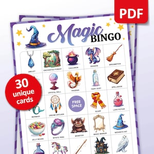 Bingo Mágico, 30 Tarjetas de Bingo Imprimibles, Juego de Fiesta de Cumpleaños, Fiesta de Magos para Niños, Actividades Temáticas en el Aula, Juegos de Fiesta de Descarga Digital