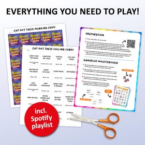 Music bingo party game with the best, 70s, 80s, Disco songs. Perfect as a birthday party, bachelorette party, friends game night, pub crawl, bar activity or office party. Including Spotify Playlist with the songs of the bingo cards. Printable digital download.