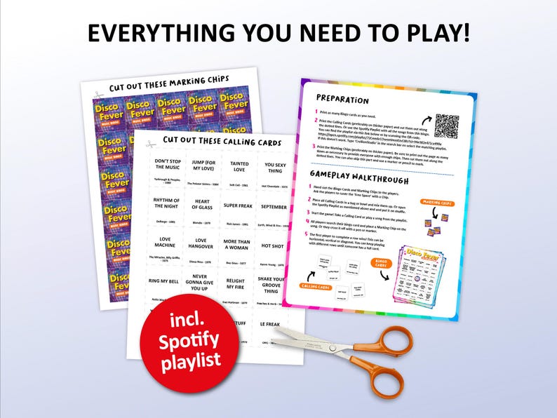 Music bingo party game with the best, 70s, 80s, Disco songs. Perfect as a birthday party, bachelorette party, friends game night, pub crawl, bar activity or office party. Including Spotify Playlist with the songs of the bingo cards. Printable digital download.