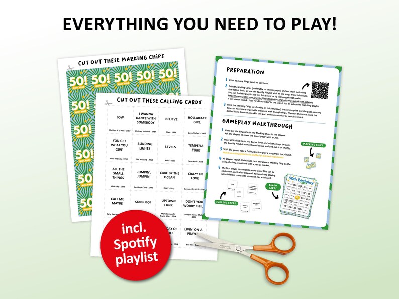 50th Birthday Music bingo party game with the best 70s, 80s, 90s, 00s, 10s, 20s hits. Perfect as a birthday party, friends game night, pub crawl, bar activity for your fiftieth birthday. Including Spotify Playlist with the songs on the bingo cards. Digital download.
