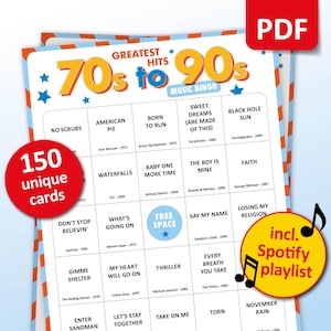 Bingo musical de los años 70, 80 y 90, 150 cartones de bingo + lista de reproducción de Spotify, juego de fiesta de cumpleaños, trabajo en equipo, actividad en el bar de amigos, reunión familiar