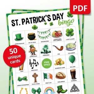 Jeu de société pour la Saint-Patrick, 50 cartes de bingo, activités scolaires pour la Saint-Patrick, pré-rempli à imprimer pour la classe, jeu pour adultes et enfants