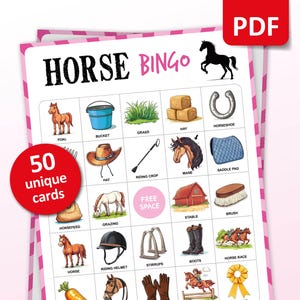 Bingo dei cavalli, 50 cartelle del bingo, festa dei cavalli, gioco per feste di compleanno, attività da cowgirl per ragazze, regali equestri, download digitale per amanti dei pony