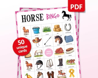 Può includere: Una scheda del gioco Horse Bingo con illustrazioni di cavalli e attrezzature equestri. La scheda presenta il testo "HORSE BINGO" e "50 carte uniche". Un'icona PDF rossa si trova nell'angolo in alto a destra.