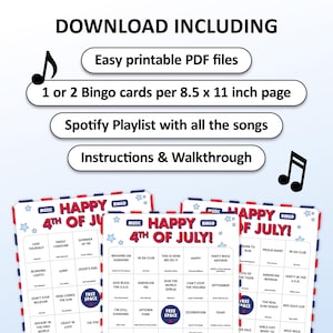4th of July Music Bingo party game with the best USA-themed songs, patriotic anthems, American classics, and all-time party songs. Perfect for Independence Day celebrations, Fourth of July BBQs, family gatherings, patriotic parties, pub crawls, office parties, and friends game nights. Features iconic songs about America, freedom, and red, white & blue celebrations. Printable digital download with Spotify Playlist