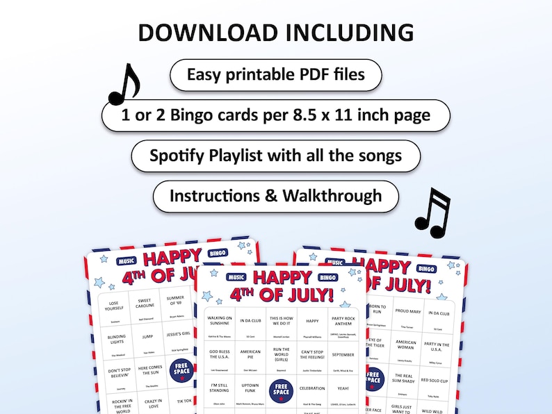 4th of July Music Bingo party game with the best USA-themed songs, patriotic anthems, American classics, and all-time party songs. Perfect for Independence Day celebrations, Fourth of July BBQs, family gatherings, patriotic parties, pub crawls, office parties, and friends game nights. Features iconic songs about America, freedom, and red, white & blue celebrations. Printable digital download with Spotify Playlist