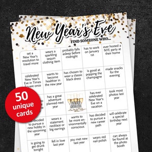 Silvester Bingo für Erwachsene, druckbare Silvester Party Spiele, Find The Gast Aktivität, Mix und Mingle 50 Bingo Karten für Freunde
