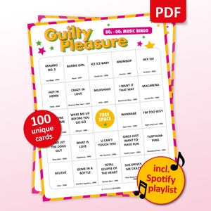 Bingo Musical "Prazer Culpado", 100 Cartelas de Bingo + Playlist do Spotify, Jogo para Festa de Aniversário, Músicas dos Anos 80, 90 e 2000, Atividade para Bar com Amigos, Despedida de Solteira