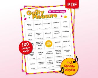Bingo musical de placer culpable, 100 cartones de bingo + lista de reproducción de Spotify, juego para fiestas de cumpleaños, canciones de los 80, 90 y 2000, actividad para amigos en un bar, despedida de soltera.