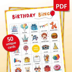 Birthday Bingo, 50 Birthday Bingo Cards, Birthday Activities, Kids Birthday Party Game, Birthday Classroom Activities, Printable Games