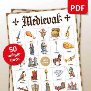 Bingo médiéval, 50 cartes de bingo, jeu de société sur le Moyen Âge, activité en classe sur l'histoire du monde, chevalier bingo, historique des enseignants à imprimer