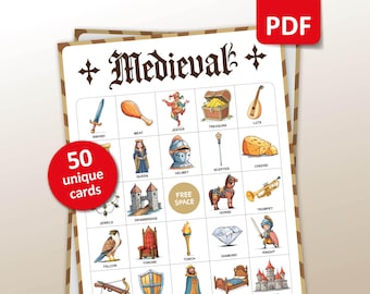 Medieval Bingo, 50 Bingo Cards, Middle Ages Party Game, World History Classroom Activity, Knight Bingo, Teacher Historical Printable